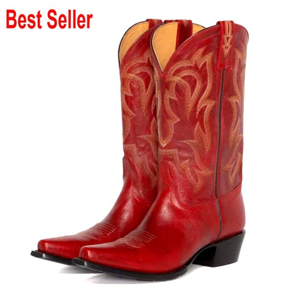 Western Cowboy Boots Pointed Toe Mid Calf Vegan Leather Comfort Fit